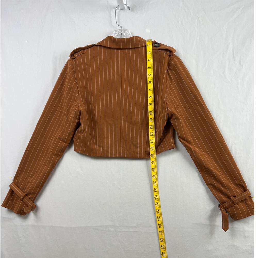 Fanco Cropped Blazer Women S Brown Pinstriped Double Breasted Epaulette Jacket - Picture 5 of 12